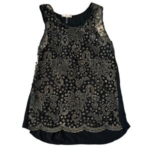 Love Tree Womens Black Gold Metallic Floral Lace Tank Top Sleeveless Small